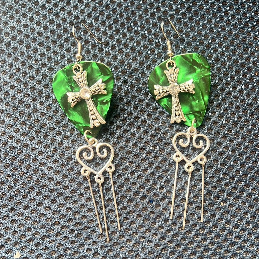Green and Gold pick Cross Dangle Earrings
